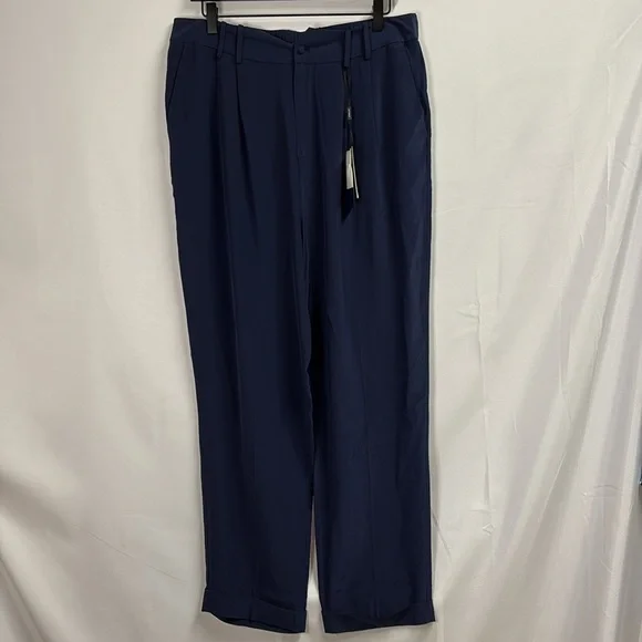 LilySilk Timeless Pleated 100% Silk Wide Leg Trousers Navy Blue Size 12 NWT!